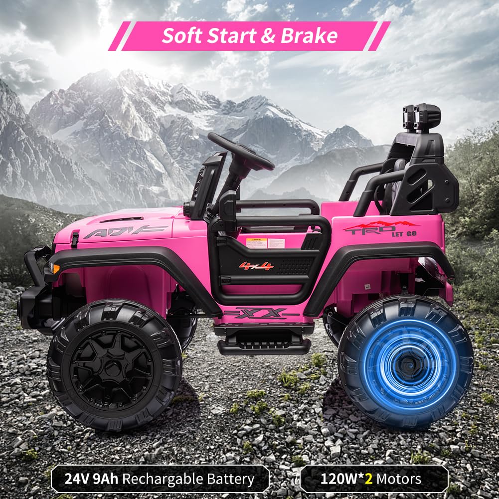 Garvee Ride - P Series: 2 Seaters Kids Ride On Truck with Remote Control,20“ Large Seat Ride On Car for Toddlers, 24V 9AH Electric Vehicle Car with Led Light,Large Storage Space, Bottle Holder,Music, Horn for 3-8 Years,Pink