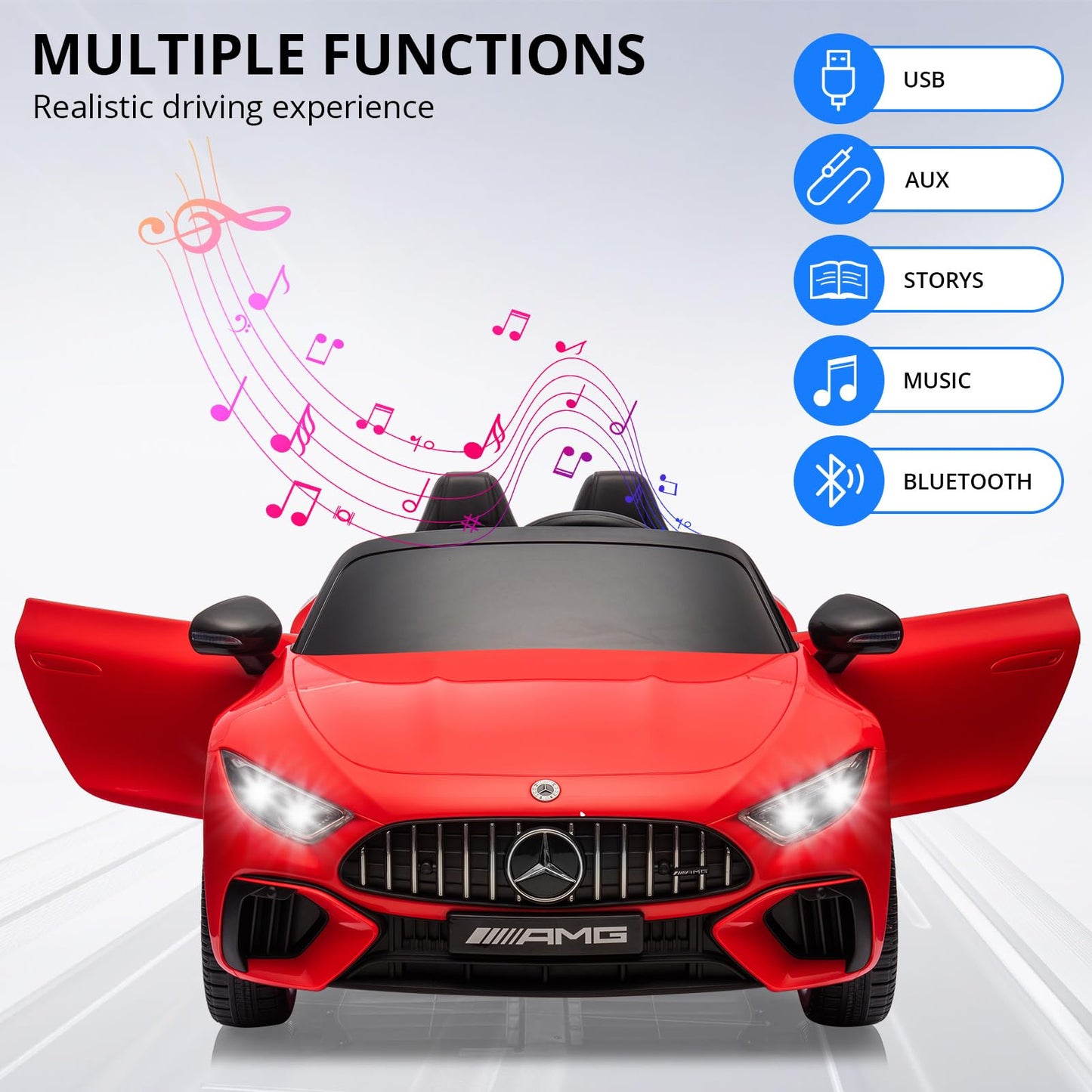 Garvee 12V Mercedes-Benz SL63 Ride-On Car: Remote Control, 2x35W Motors, 3-8 MPH, LED Lights, MP3, USB, Bluetooth, for Ages 3-7 - Red