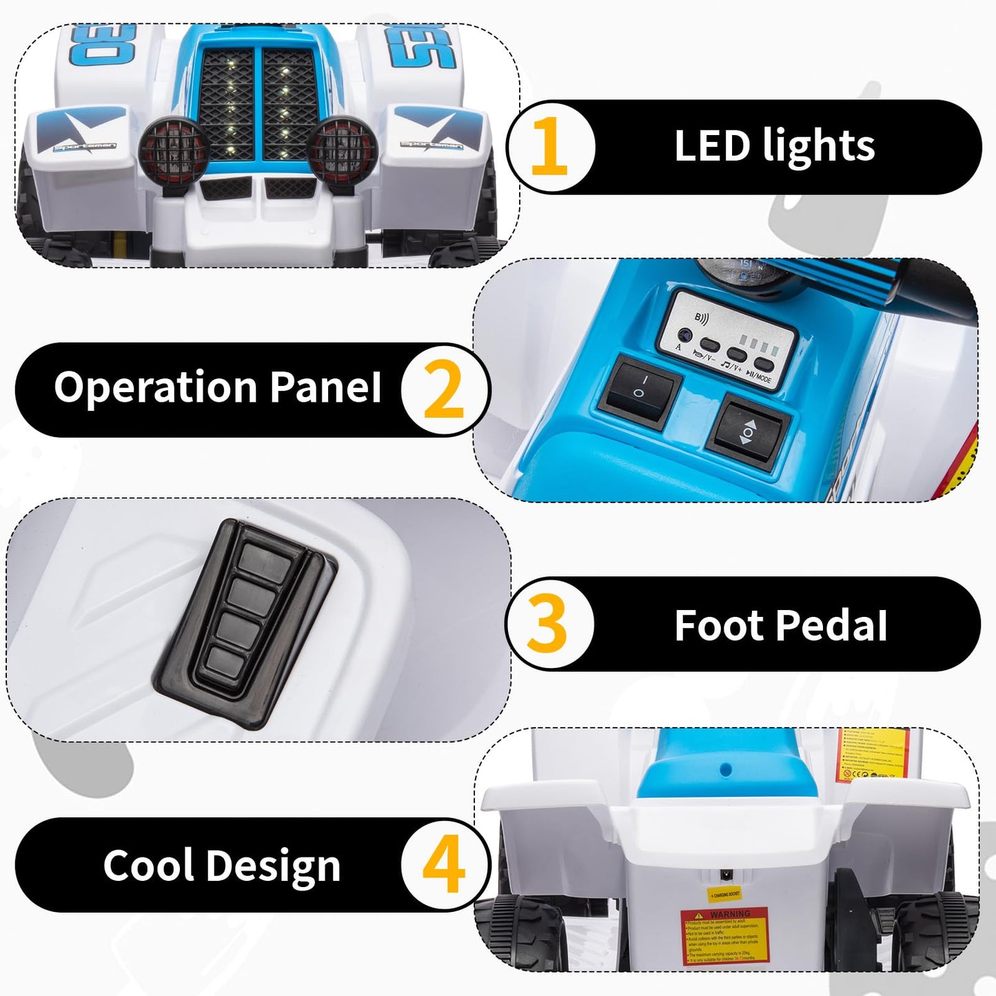 Garvee Ride - P Series: 6V Kids Ride On Electric Quad ATV, Ride Car with LED Headlights, Ride-On Toy for Toddlers 1-3 Boys & Girls with Music, Forward & Reverse - Blue and white