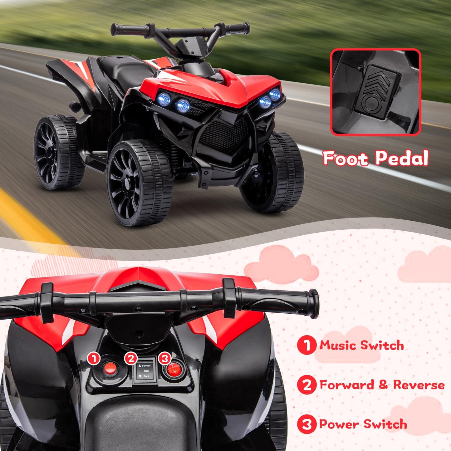 Garvee Ride - P Series: 6V Quad ATV for Kids Toddler 3+ years, Max 55lb Capacity ，With LED, Music, Foot Pedal, Wear-Resistant Wheels, 1.9 MPH - Red
