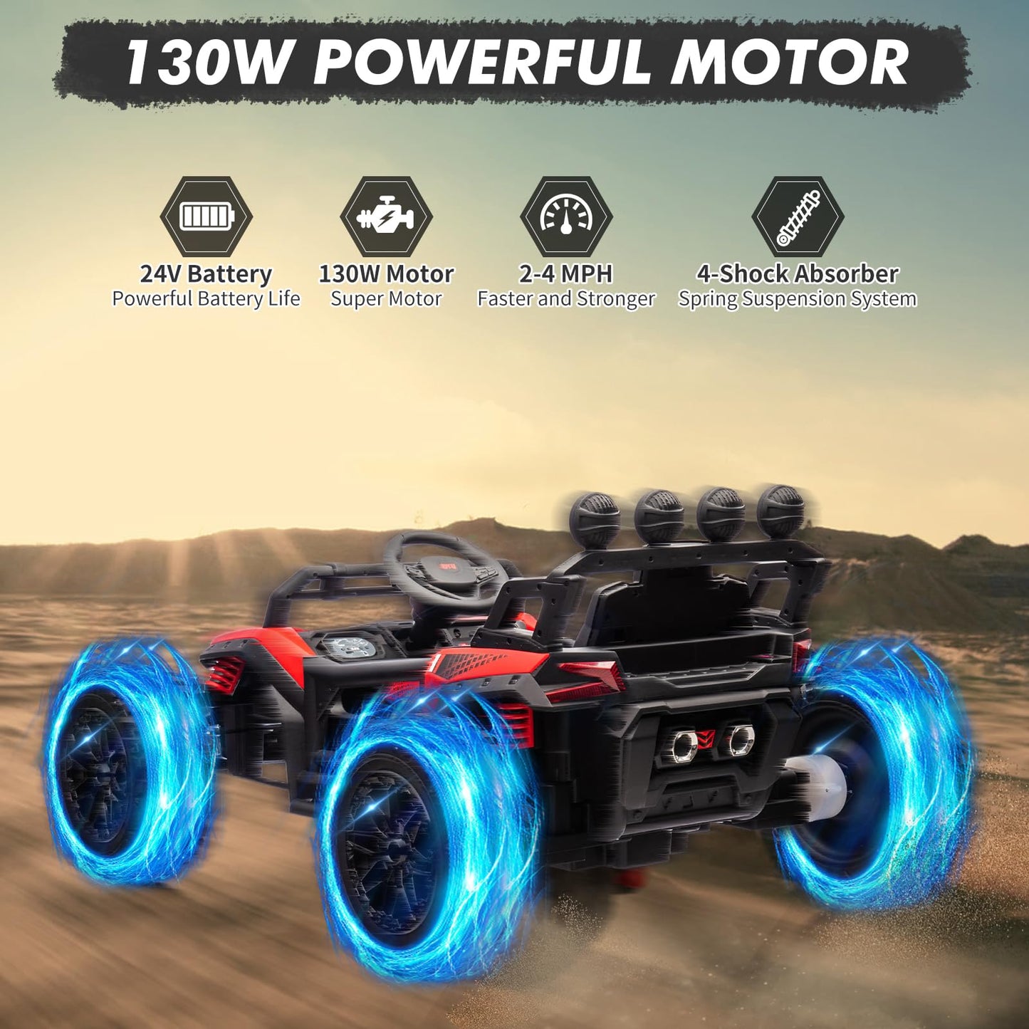 Garvee Ride - P Series: 24V Electric UTV,Ride On Toys for Big Kids,2x130W Powerful Electric Car with Remote Control， 4 Shock Absorbers，LED Lights,Music for Boys and Girls,Red