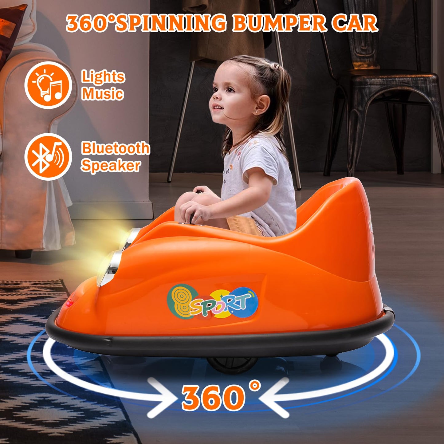 Garvee Ride - P Series: 12V Battery Car for Kids W/Parent Remote, Led Lights, 2-Speed, 360°Spin - Orange