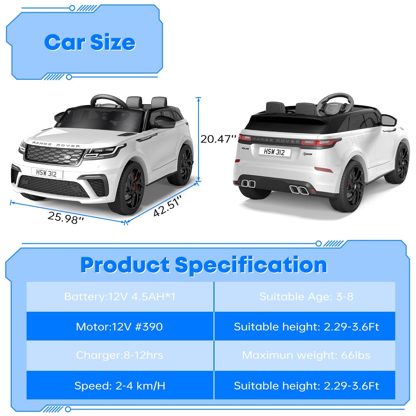 Garvee Ride - P Series: 3-8, 12V Licensed Land Rover Ride Electric Car for Kids with Parent Remote Control, MP3 Player, Rocking, Pull Rod - White