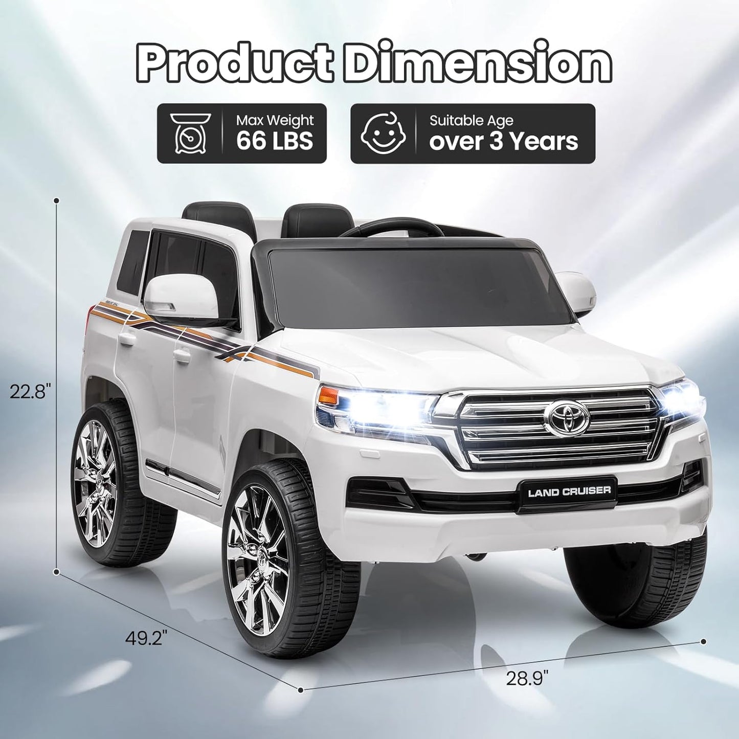Garvee Ride - P Series: 12V Toyota Land Cruiser Kids' Car: Remote, LED, 3 Speeds, Dual 45W Motors, USB Music, Seat Belt, CPC & ASTM Approved - White