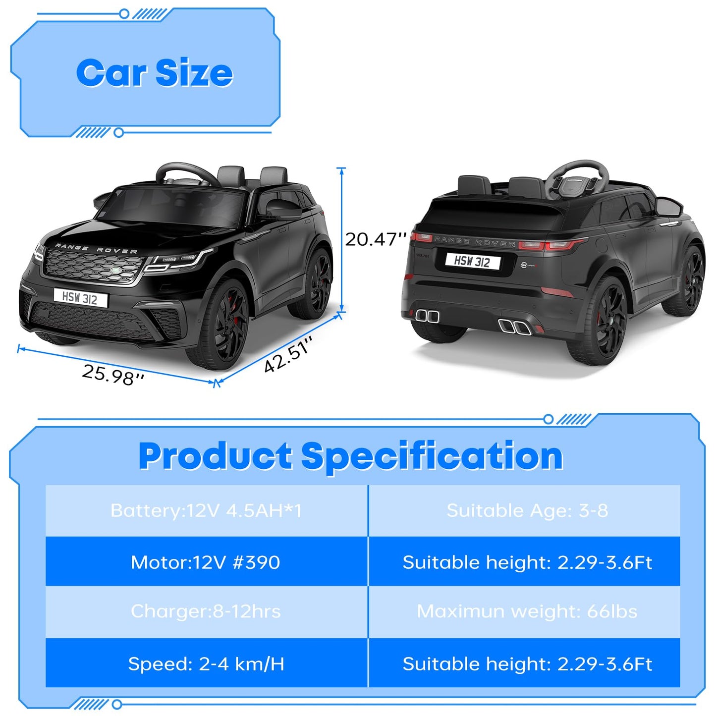 Garvee Ride - P Series: 3-8, 12V Licensed Land Rover Ride Electric Car for Kids with Parent Remote Control, MP3 Player, Rocking, Pull Rod - Black