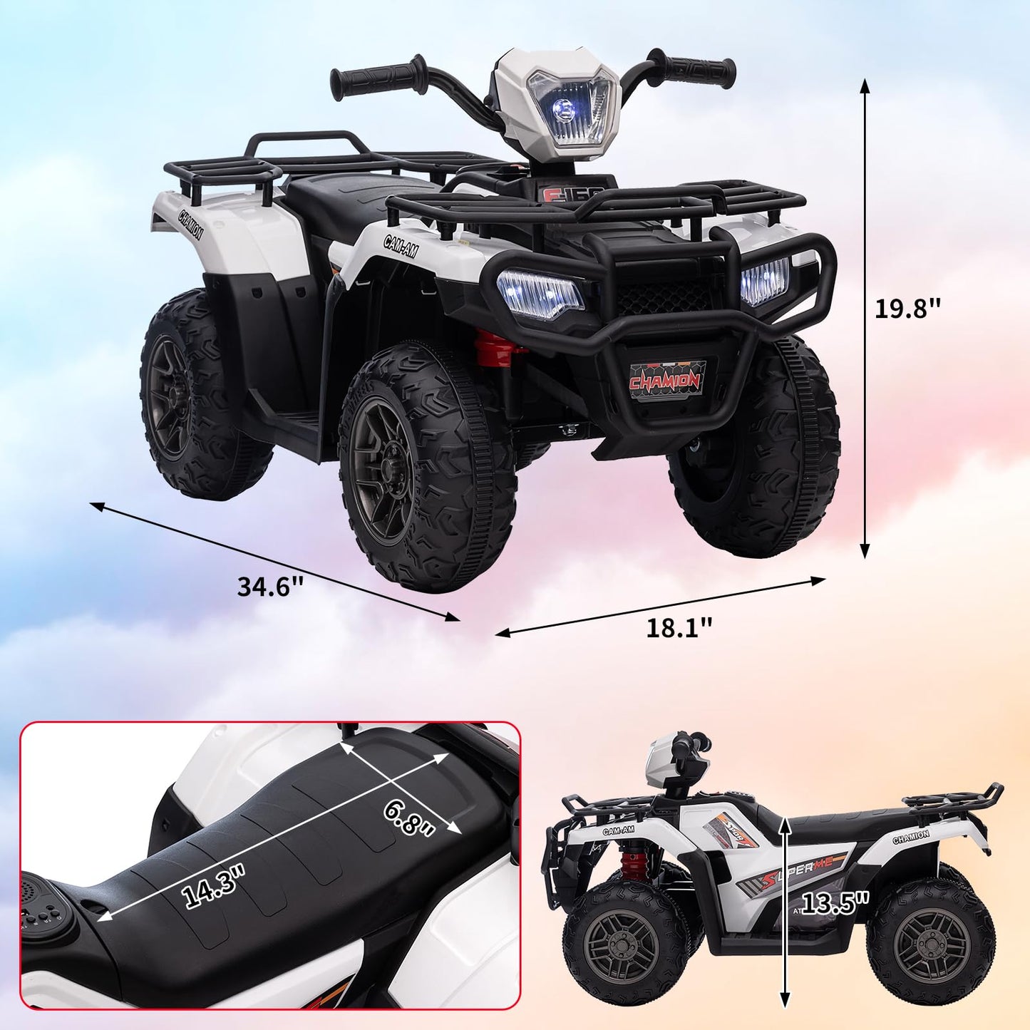 Garvee Ride - P Series: 12V Ride on Quad ATV for Kids, Electric Vehicle for Toddlers, High/Low 2.2mph Safety Speed for Child, Forward/Backward,LED Light, Music,USB for Boys Girls Gift-White