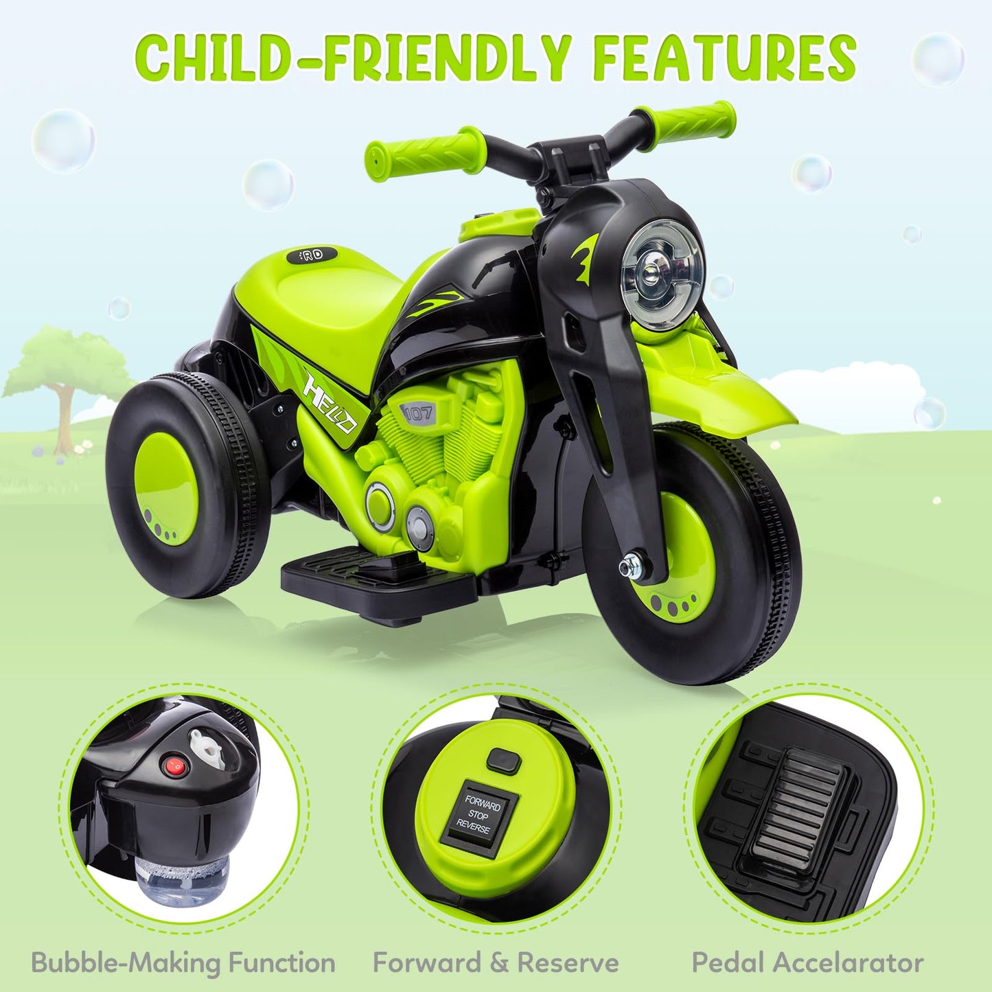 Garvee Ride - P Series: 6V Battery-Powered Electric Motorcycle with 1.9 Mph Speed, Led Headlights, Music, Pedal, Forward/Reverse, 3 Wheels | Motorbike Toy Gift for Toddlers 3 and Up - Green