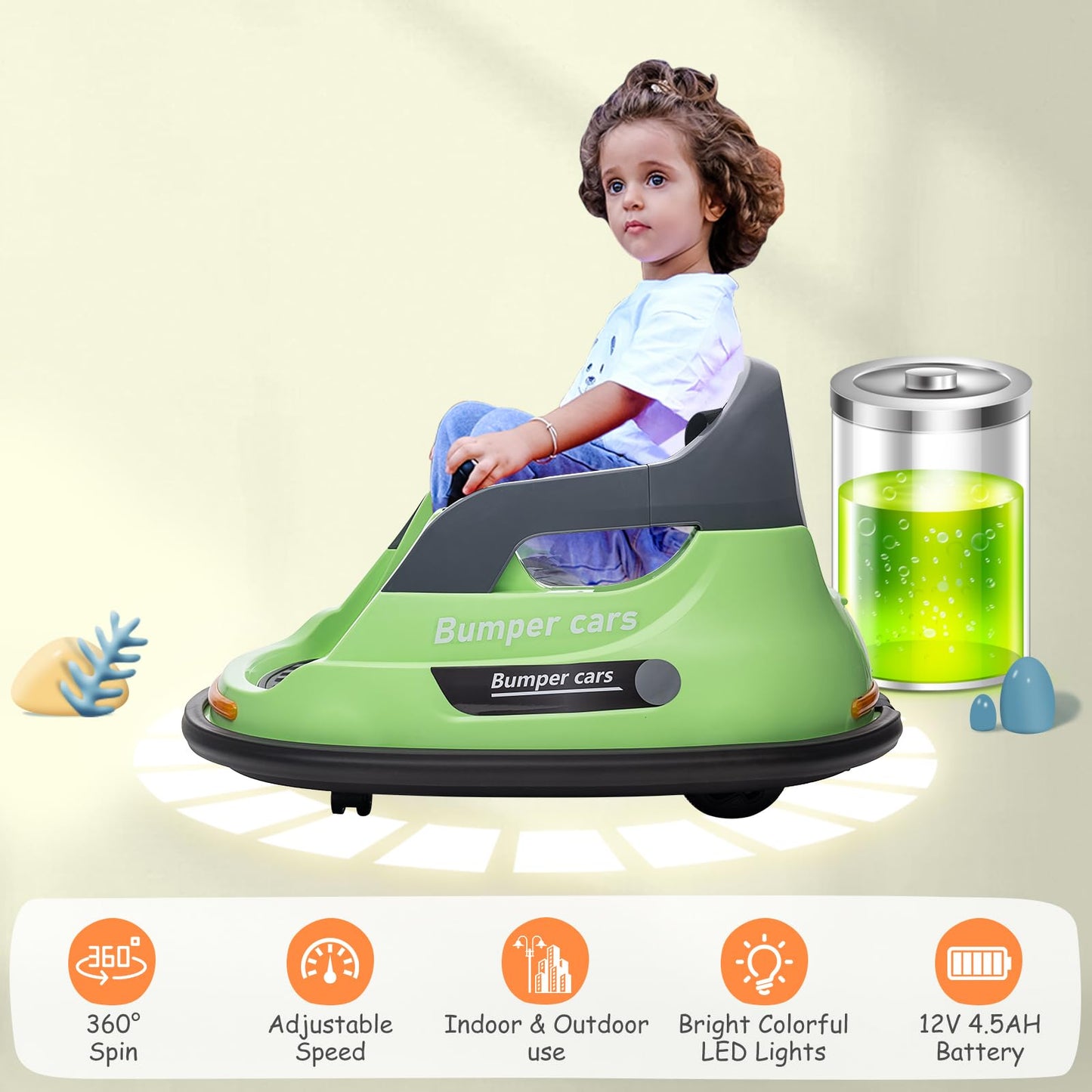 Garvee Ride - P Series: 12V Kids Bumper Car with Remote Control, LED Lights & 360 Degree Spin, Indoor and Outdoor Kids Toy for 18+ Months Kids - Green