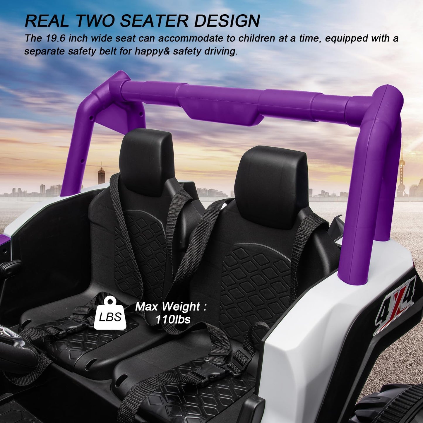 Garvee Ride - P Series: 24V 2-Seater Ride-On UTV: 4WD, Remote Control, Metal Frame, EVA Wheels, LED Lights, Spring Suspension, for Ages 3+ - Purple