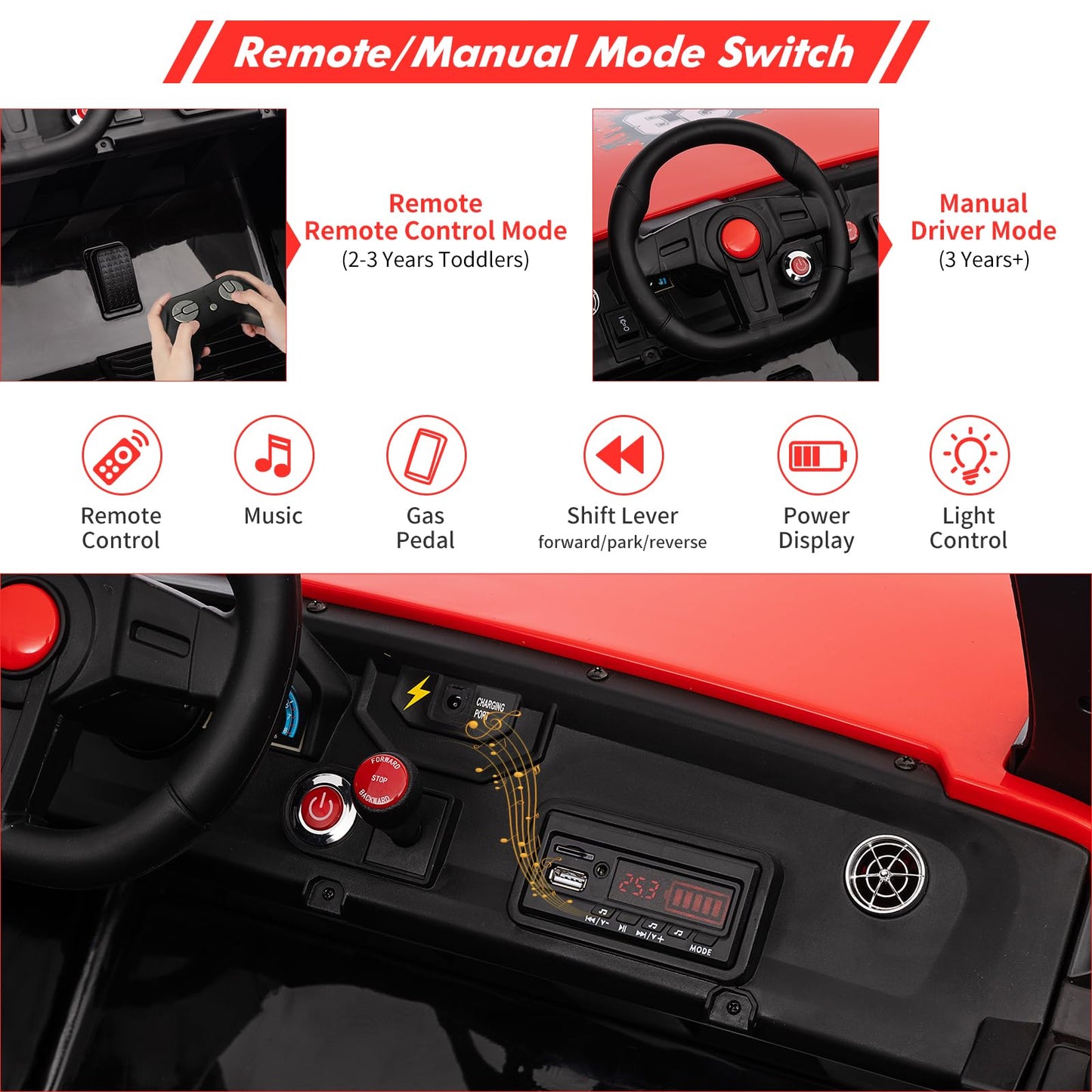 Garvee Ride - P Series: 24V 2-Seater Ride-On UTV: Remote Control, 4WD Motors, 21" Seats + Foldable Seat, 15.4" EVA Wheels, Music, LED Lights, 140lb Max Load - Red