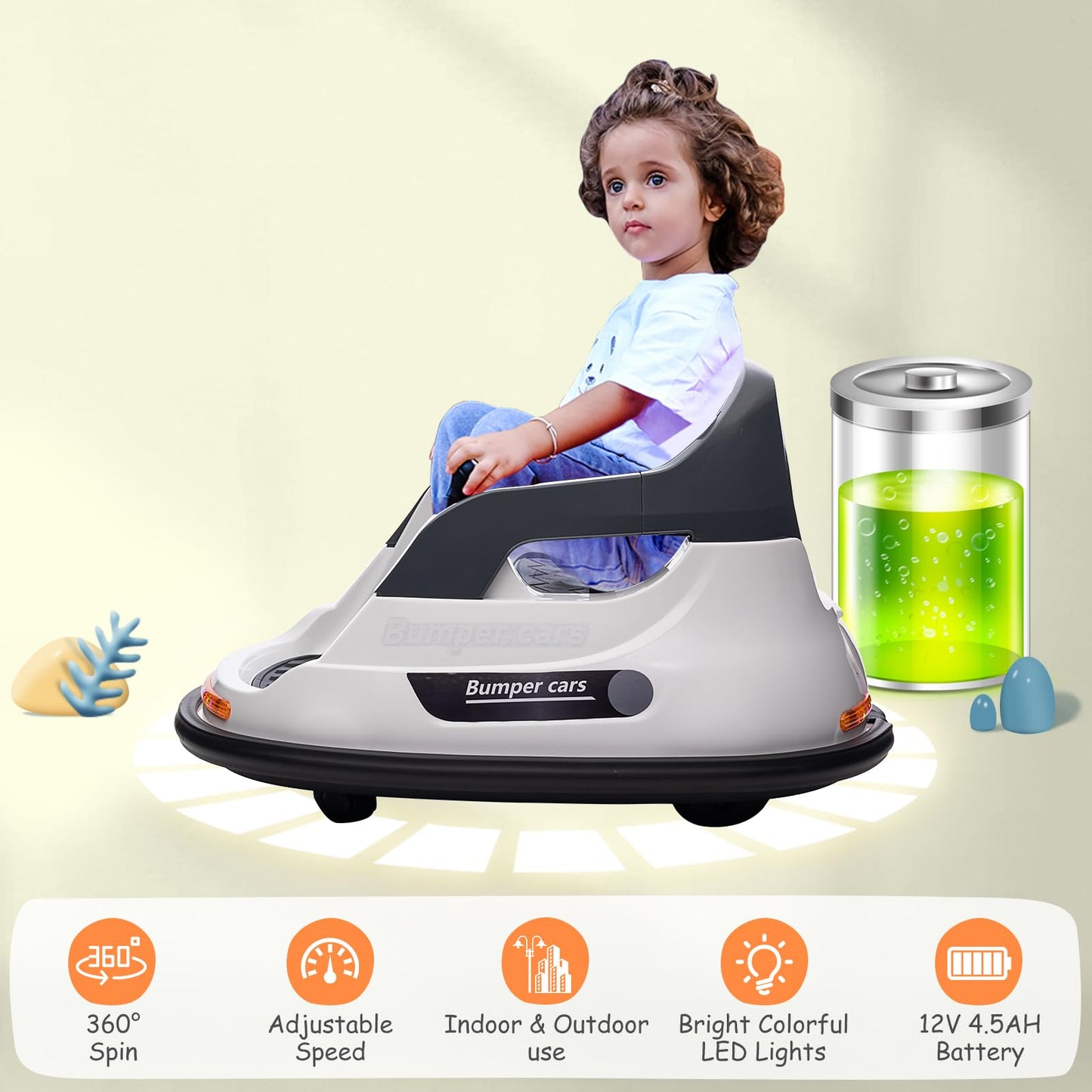 Garvee Ride - P Series: 12V Kids Bumper Car with Remote Control, LED Lights & 360 Degree Spin, Indoor and Outdoor Kids Toy for 18+ Months Kids - White