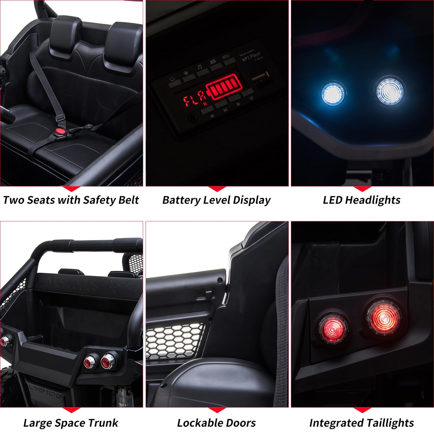 Garvee Ride - P Series: 2 Seater Kids Ride On Truck 24V Ride On Toy Licensed Mercedes Benz Battery Powered Electric Vehicle for Toddles With Remote Control, Battery Display, Trunk, Spring Suspension, Led Lights, Music, Black