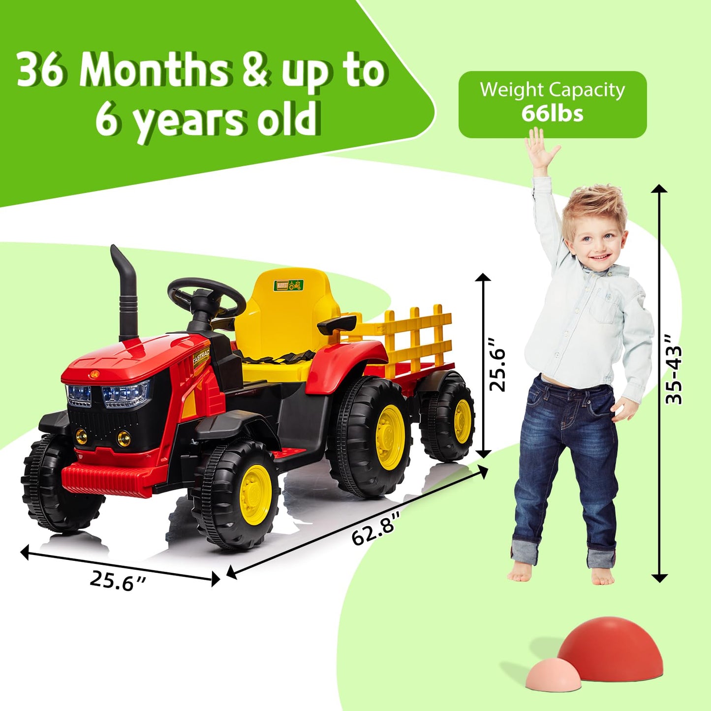 Garvee Ride - P Series: 12V Remote Control Tractor for Kids with 7-LED & Safety Belt - Red