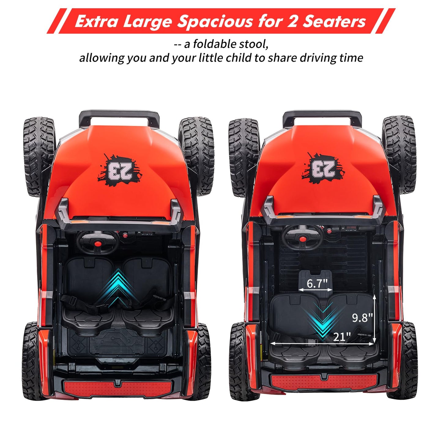Garvee Ride - P Series: 24V 2-Seater Ride-On UTV: Remote Control, 4WD Motors, 21" Seats + Foldable Seat, 15.4" EVA Wheels, Music, LED Lights, 140lb Max Load - Red