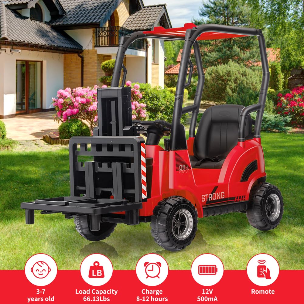 Garvee Ride - P Series: 12V Kids Forklift Ride-On: Indoor/Outdoor Fun, Realistic Design, Music, Speed Switch, 66lb Max Load, Remote Control, Ages 3-7 - Red