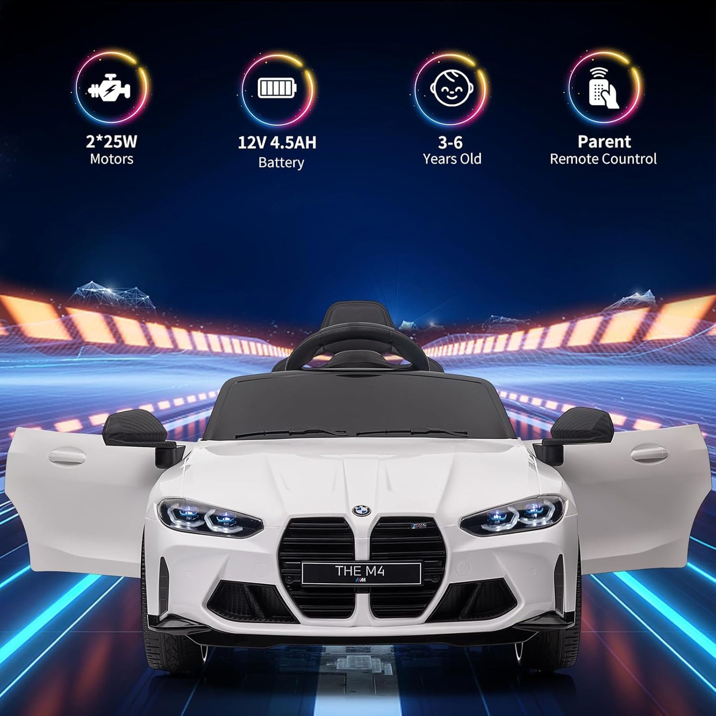 Garvee Ride - P Series: 12V Electric Ride On Car for 37-83 Months, w/RC,Licensed by BMW M4,Power Wheels for Boys Girls, with Suspension System,3 Speeds, Bluetooth, MP3, Double Door, LED Light - White