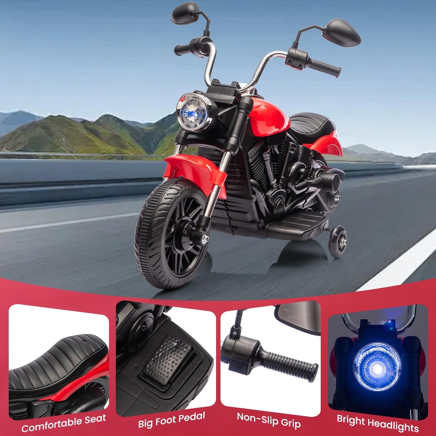 Garvee Ride - P Series: 12V Electric Motorcycle for Kids with Detachable Training Wheels, Soft Start, Reverse Function, Headlight, Horn, Music - Red, Toddler Ride-On Toy