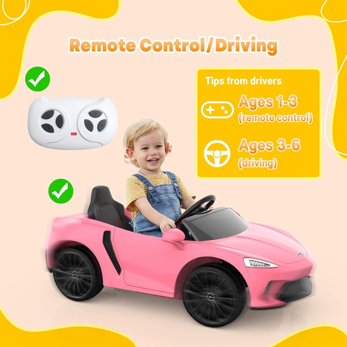 Garvee Ride - P Series: 12V Kids Ride on Car, Licensed Mclaren Battery Powered Electric Car with Remote Control, 3 Speeds, Bluetooth Music, Horn, LED Lights, 4-Wheel Ride on Toys - Pink