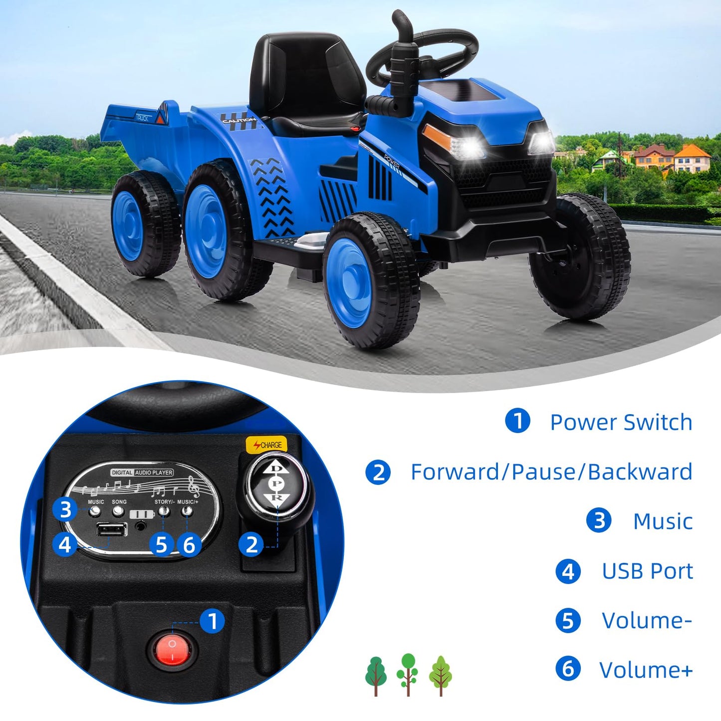 Garvee Ride - P Series: Kids Ride on Tractor with Trailer, Kids’ Electric Vehicles with Wear-Resistant Wheels, LED Headlights, Music & USB Port, Kids Ride on Car Toys for Toddlers Kids, Blue