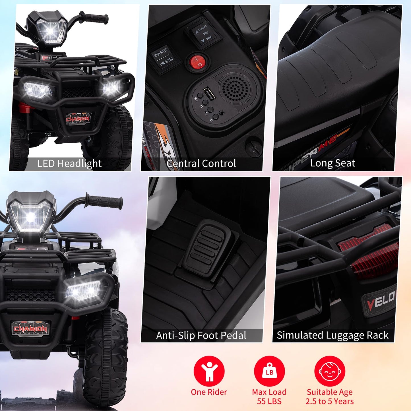 Garvee Ride - P Series: 12V Ride on Quad ATV for Kids, Electric Vehicle for Toddlers, High/Low 2.2mph Safety Speed for Child, Forward/Backward,LED Light, Music,USB for Boys Girls Gift- Balck