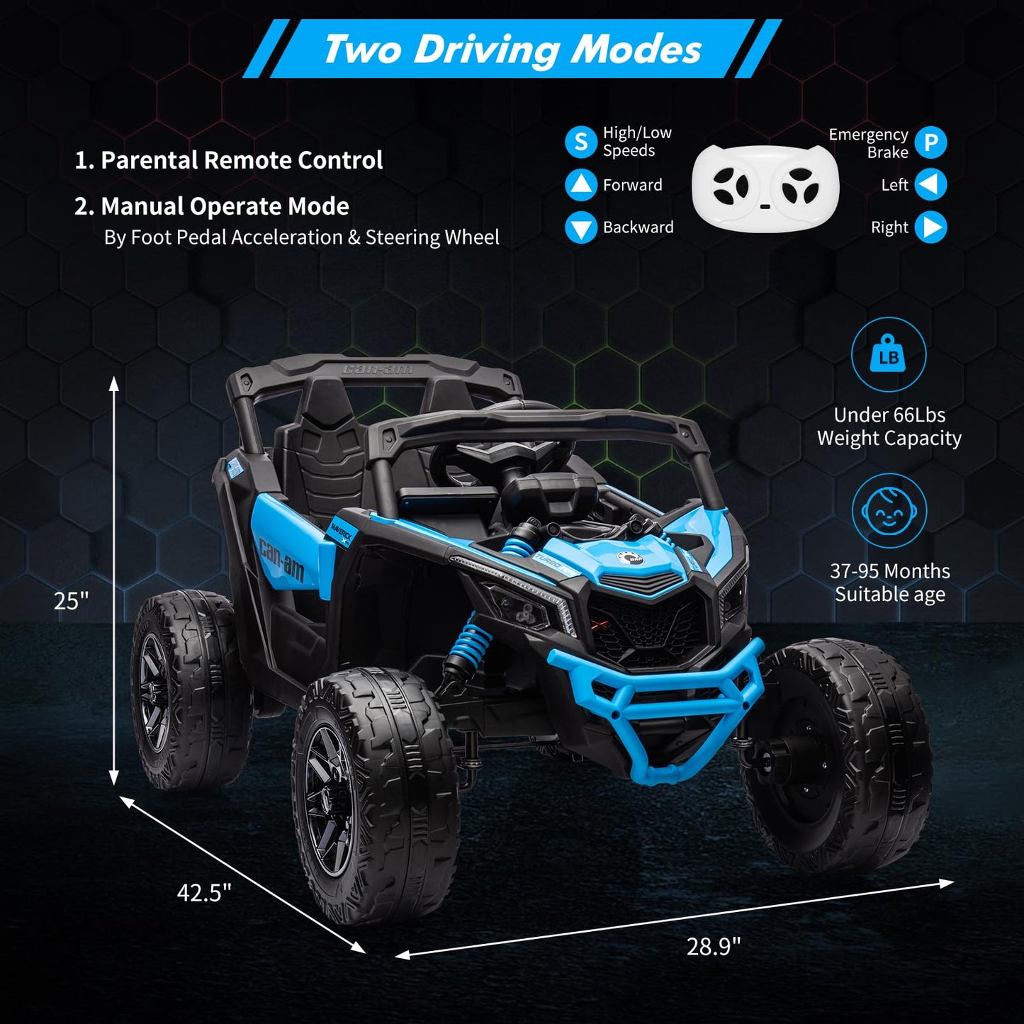 Garvee Ride - P Series: 12V Can-Am Ride-On UTV: Remote Control, Large Seat, Music, LED Lights, Spring Suspension, for Boys & Girls - Blue