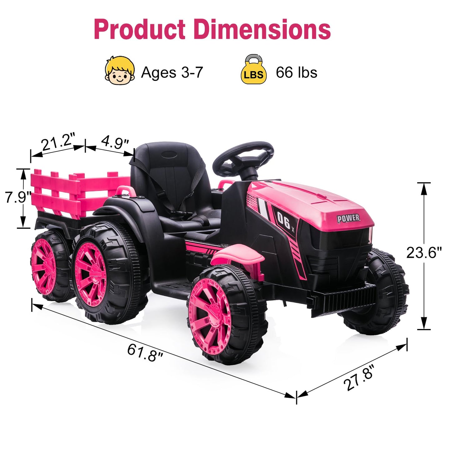 Garvee Ride - P Series: 12V Kids Ride On Tractor with Trailer, LED Lights for Boy Girl - Pink