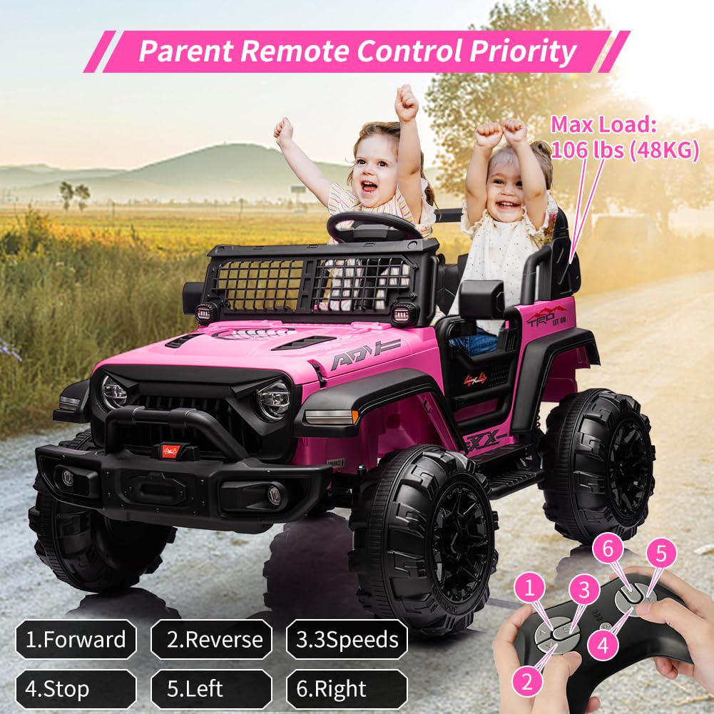 Garvee Ride - P Series: 2 Seaters Kids Ride On Truck with Remote Control,20“ Large Seat Ride On Car for Toddlers, 24V 9AH Electric Vehicle Car with Led Light,Large Storage Space, Bottle Holder,Music, Horn for 3-8 Years,Pink