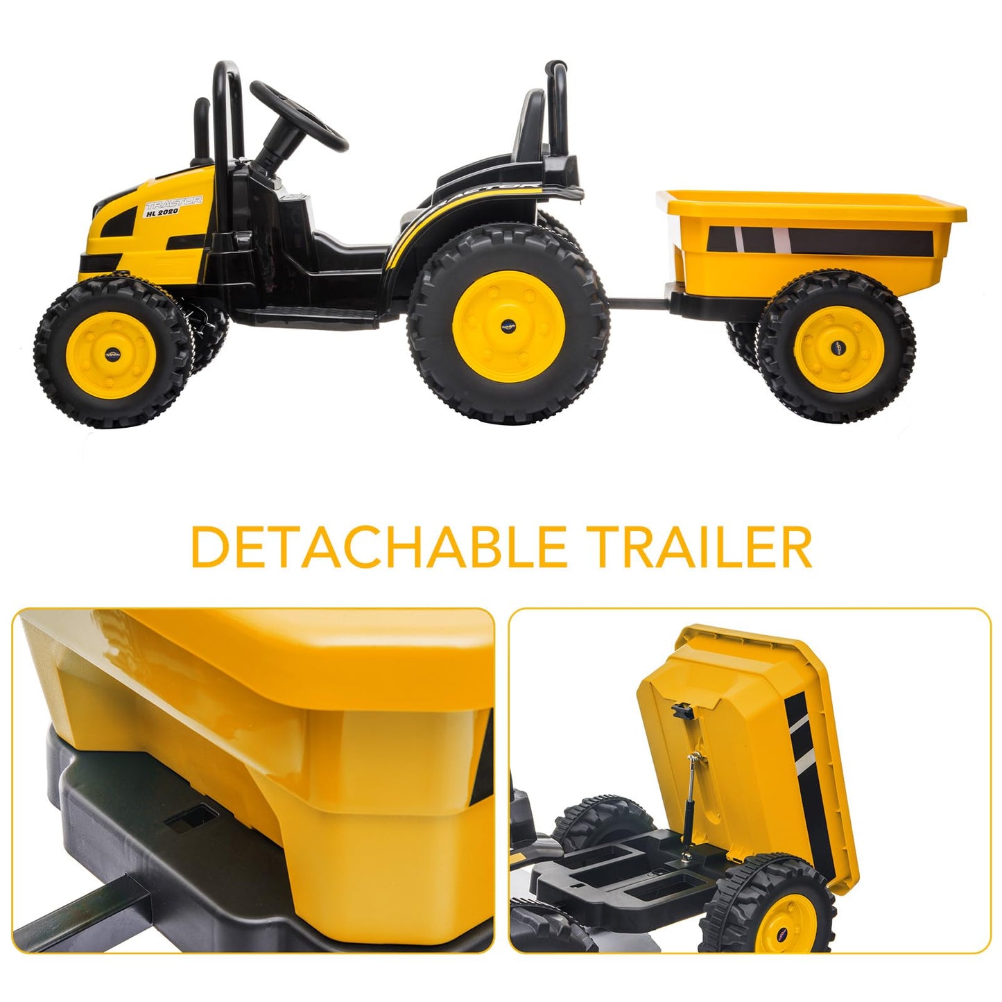 Garvee Ride - P Series: 12V Electric Ride-On Tractor for Kids with Trailer, Remote Control, Music, LED Lights, and Rear Wheel Suspension - Battery Powered Toy Vehicle - Yellow