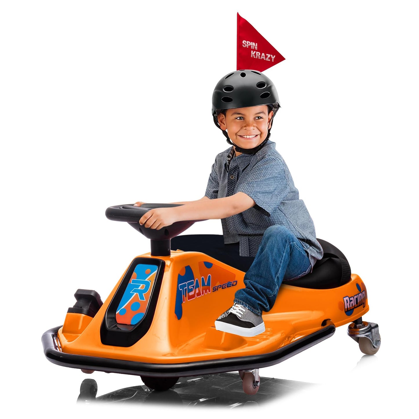 Garvee Ride - P Series: 360 Degrees Rotating Ride On Drift Car,Electric Drifting Go Kart,24V Ride On Race Car,Variable Speed for Kids,Simplified Drift System,Flashing Lights, Flag, Music - Orange