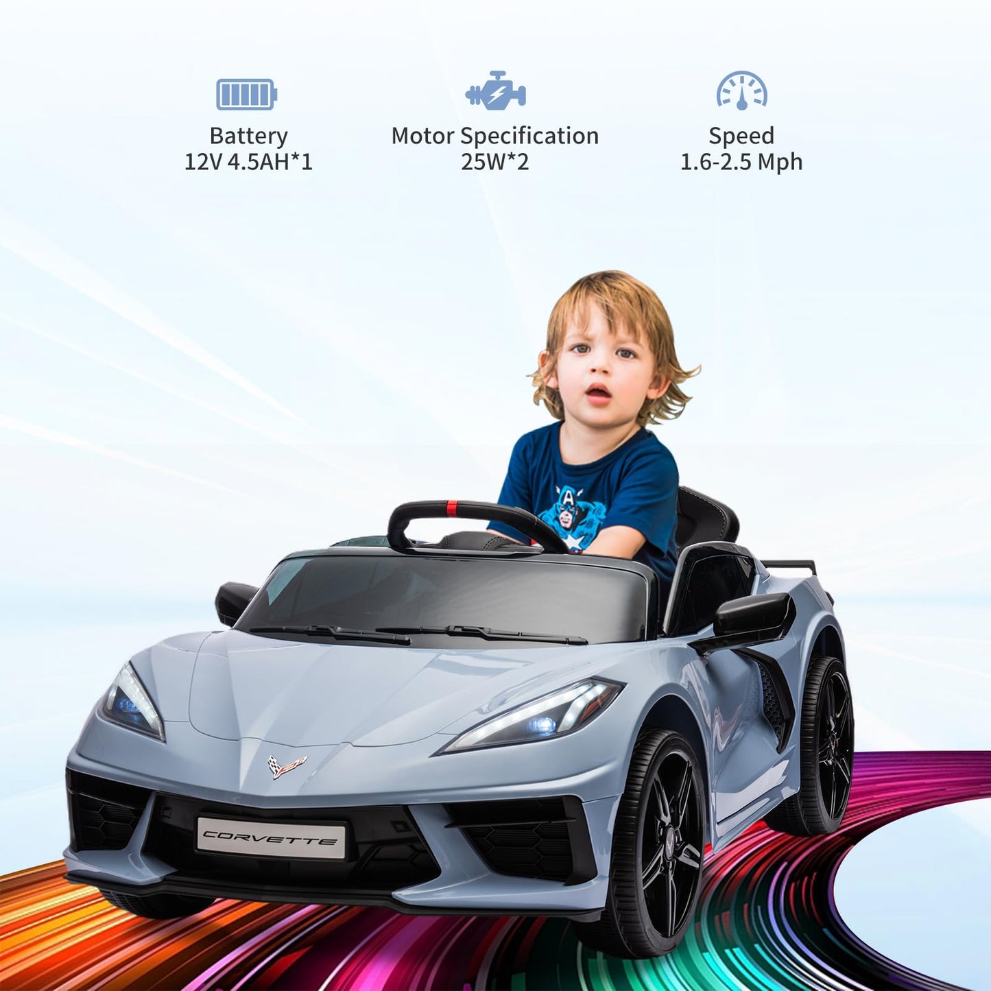 Garvee Ride - P Series: 12V Kids Ride on Car Licensed Corvette Battery Powered Car Toddles Electric Sports Car Toy with Remote Control, Visual Dashboard, LED Lights, Music, Gifts for Boys Girls, Light Blue