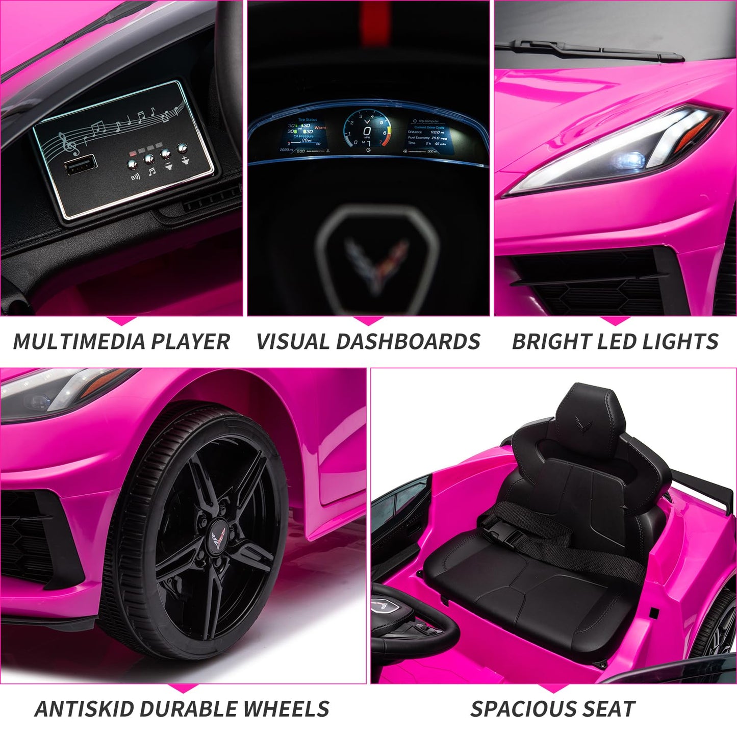 Garvee Ride - P Series: 12V Kids Ride on Car Licensed Corvette Battery Powered Car Toddles Electric Sports Car Toy with Remote Control, Visual Dashboard, LED Lights, Music, Gifts for Boys Girls, Rose Red