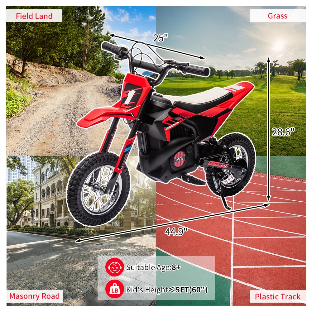 Garvee Ride - T Series: 24V Kids Electric Dirt Motorcycle for Kids Ages 13+, 250W Electric Off-Road Motorcycle,Up to 13.6MPH, Twist Grip Throttle,Metal Suspension,Air-Filled Tires,Leather Seat - Red