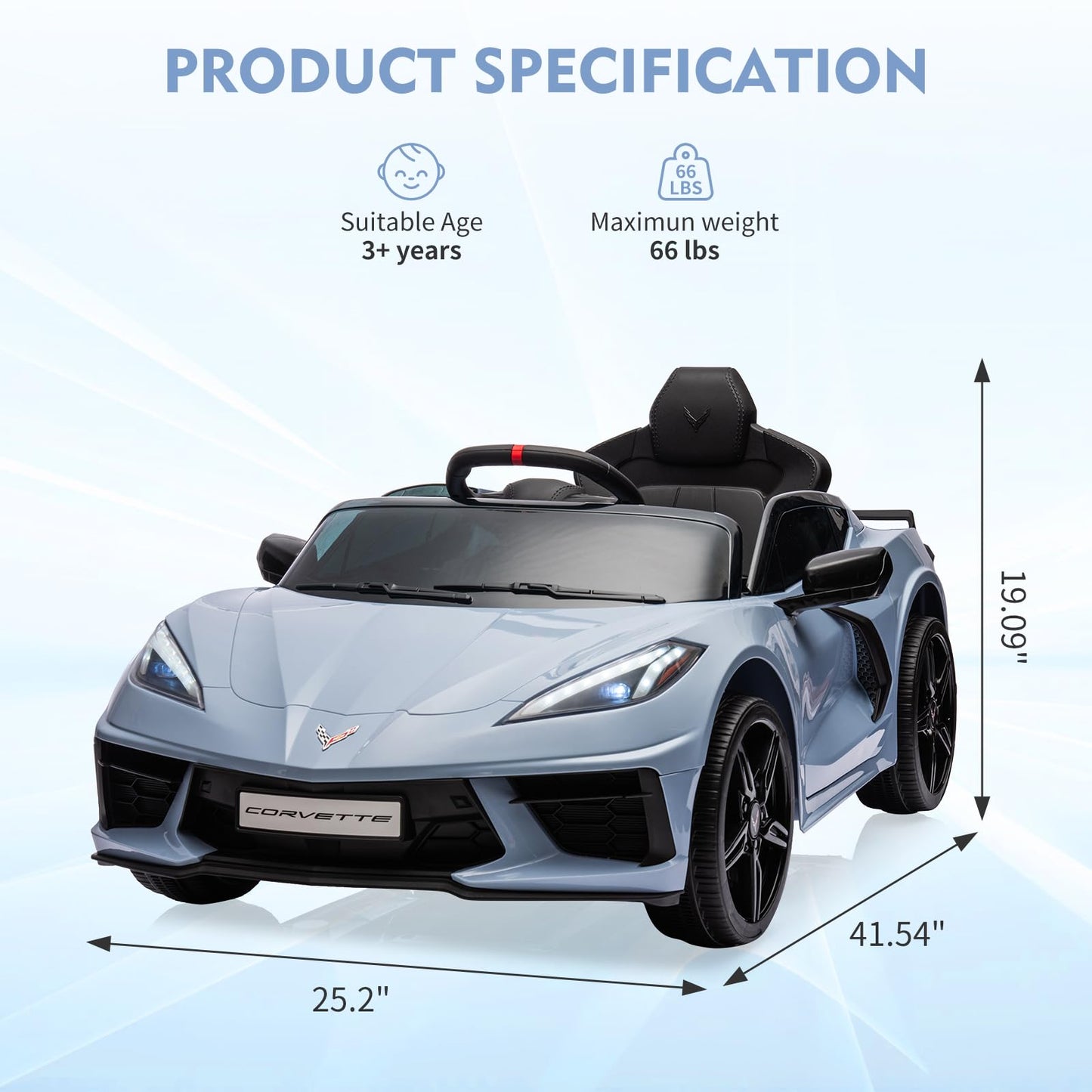 Garvee Ride - P Series: 12V Kids Ride on Car Licensed Corvette Battery Powered Car Toddles Electric Sports Car Toy with Remote Control, Visual Dashboard, LED Lights, Music, Gifts for Boys Girls, Light Blue