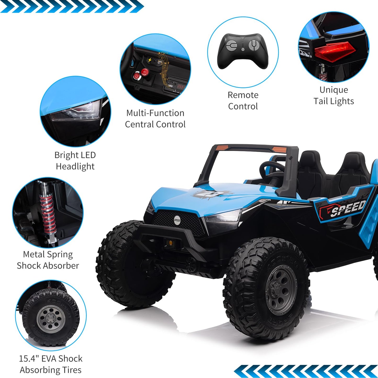 Garvee Ride - P Series: 24V 2-Seater Ride-On UTV: Remote Control, 4WD Motors, 21" Seats + Foldable Seat, 15.4" EVA Wheels, Music, LED Lights, 140lb Max Load - Blue