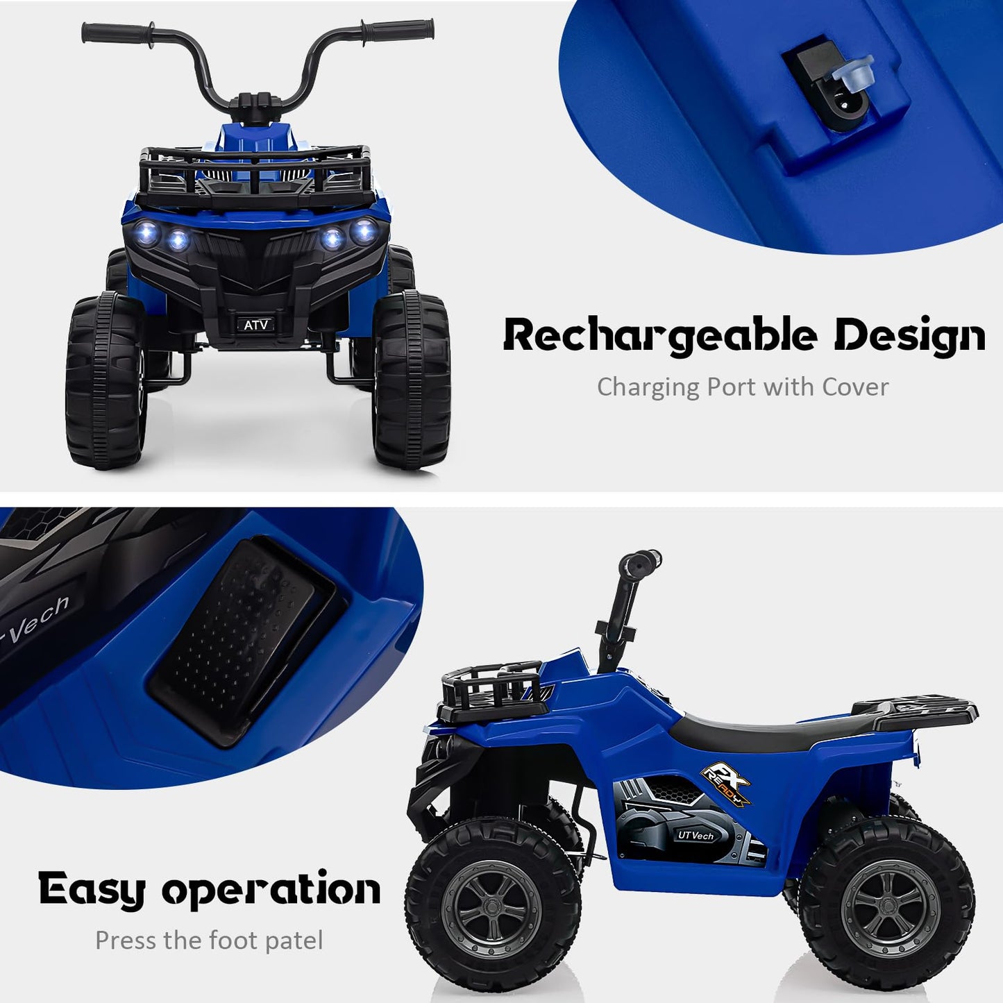 Garvee Ride - P Series: 12V Kids Ride On Electric Quad ATV, Ride Car Toy with Bluetooth Audio,High/Low Speed, LED Headlights, Battery Indicator & Radio Orange - Blue