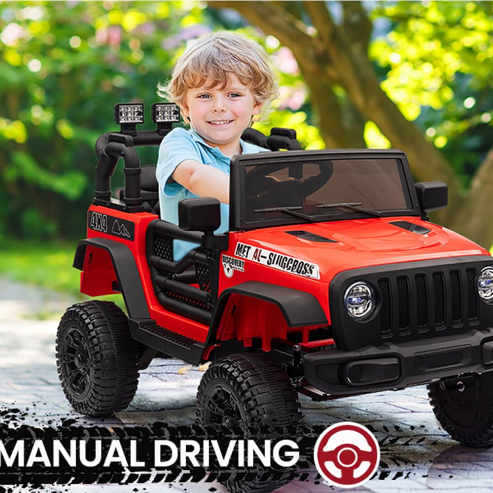 Garvee Ride - P Series: 12V Kids Electric Vehicles with Remote Control, 2 Speeds, Spring Suspension, LED Headlight, Bluetooth, Music, Battery Powered Car for Kids - Red