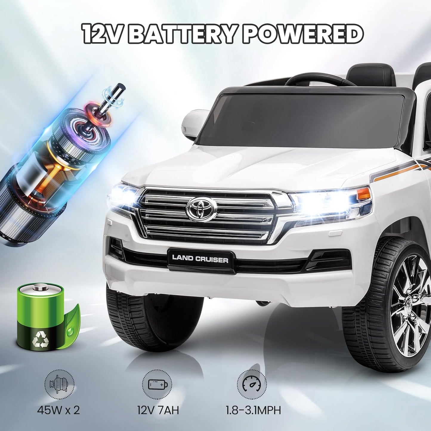 Garvee Ride - P Series: 12V Toyota Land Cruiser Kids' Car: Remote, LED, 3 Speeds, Dual 45W Motors, USB Music, Seat Belt, CPC & ASTM Approved - White