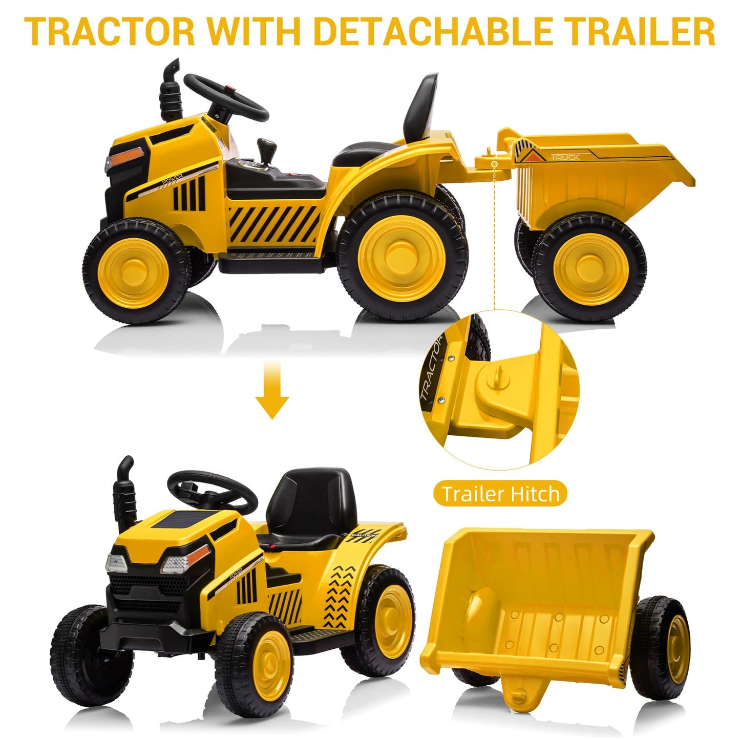 Garvee Ride - P Series: Kids Ride on Tractor with Trailer, Kids’ Electric Vehicles with Wear-Resistant Wheels, LED Headlights, Music & USB Port, Kids Ride on Car Toys for Toddlers Kids, Yellow