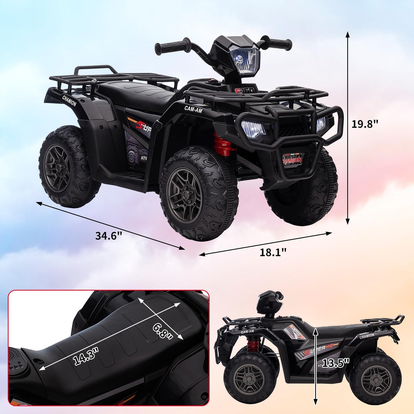 Garvee Ride - P Series: 12V Ride on Quad ATV for Kids, Electric Vehicle for Toddlers, High/Low 2.2mph Safety Speed for Child, Forward/Backward,LED Light, Music,USB for Boys Girls Gift- Balck