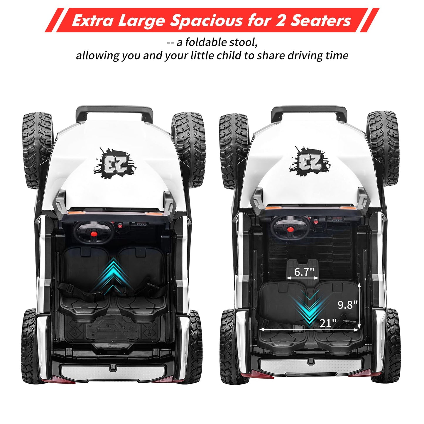 Garvee Ride - P Series: 24V 2-Seater Ride-On UTV: Remote Control, 4WD Motors, 21" Seats + Foldable Seat, 15.4" EVA Wheels, Music, LED Lights, 140lb Max Load - White