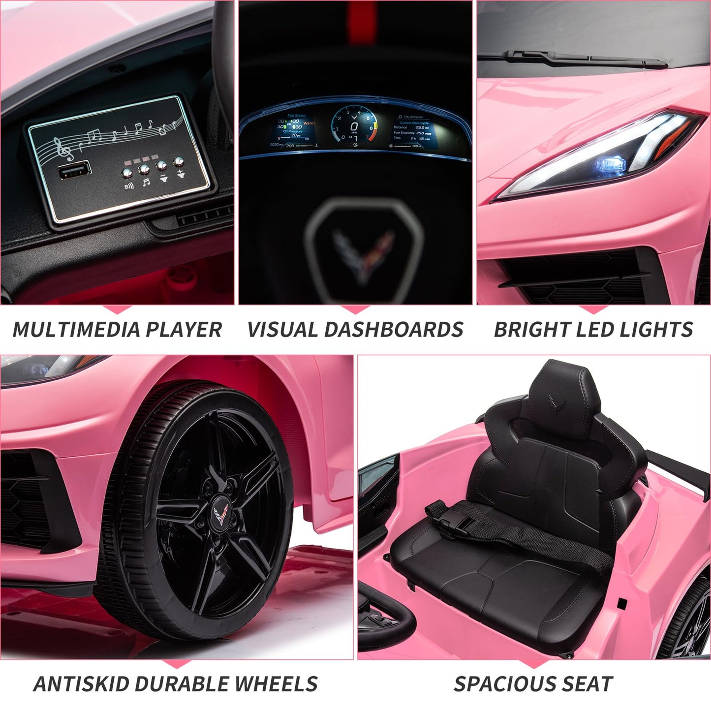 Garvee Ride - P Series: 12V Kids Ride on Car Licensed Corvette Battery Powered Car Toddles Electric Sports Car Toy with Remote Control, Visual Dashboard, LED Lights, Music, Gifts for Boys Girls, Pink