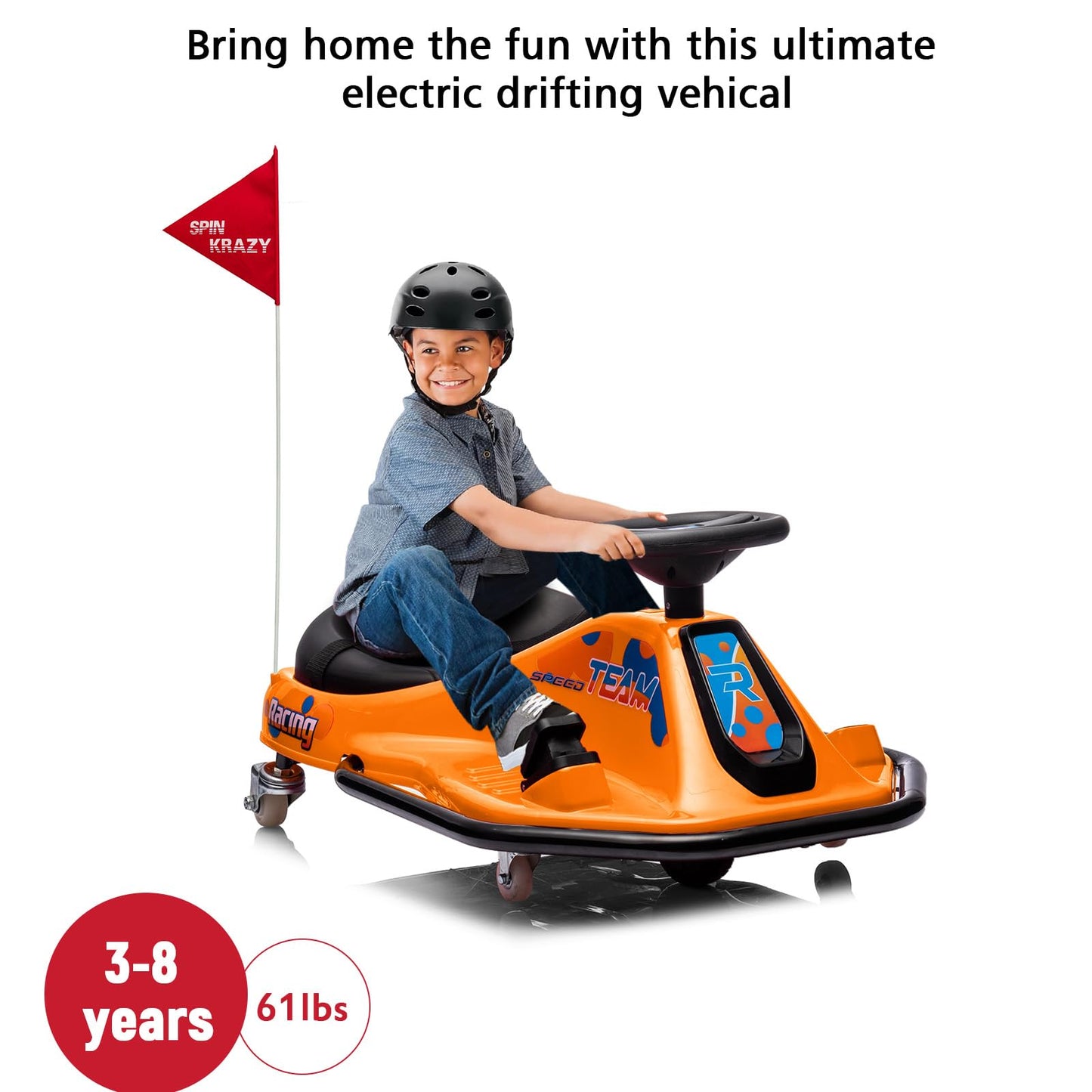 Garvee Ride - P Series: 360 Degrees Rotating Ride On Drift Car,Electric Drifting Go Kart,24V Ride On Race Car,Variable Speed for Kids,Simplified Drift System,Flashing Lights, Flag, Music - Orange