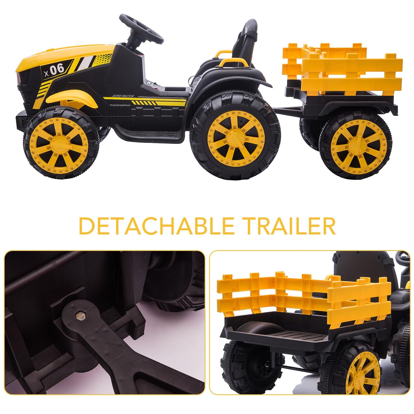Garvee Ride - P Series: 12V Kids Ride On Tractor with Trailer, LED Lights for Boy Girl - Yellow