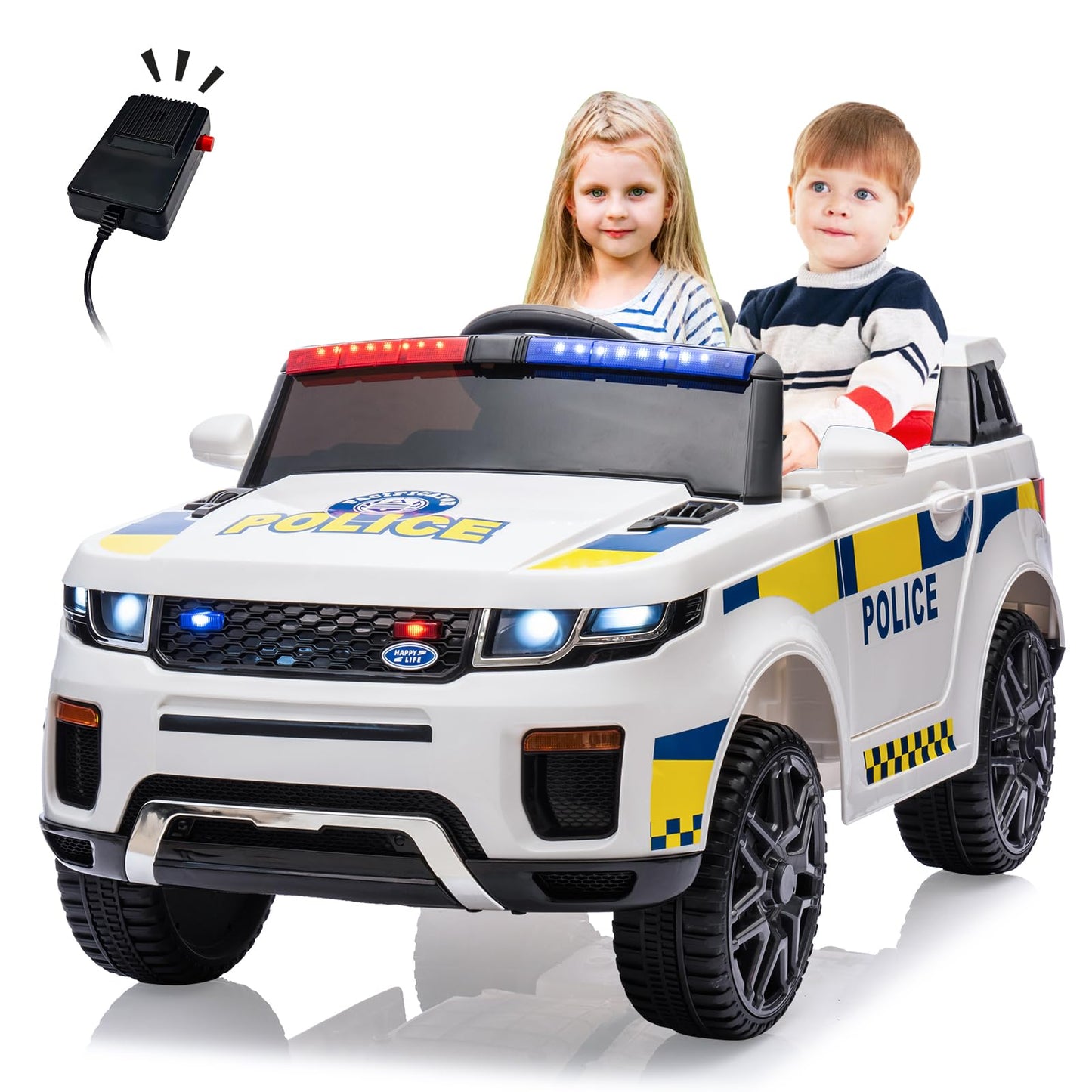 Garvee Ride - P Series: 12V Kids Ride On Police Car SUV Battery Operated Ride On Toy Toddlers Electric Cars with 2.4G Remote Control, LED Flashing Light, Megaphone, Spring Suspension, Handle, Music, White