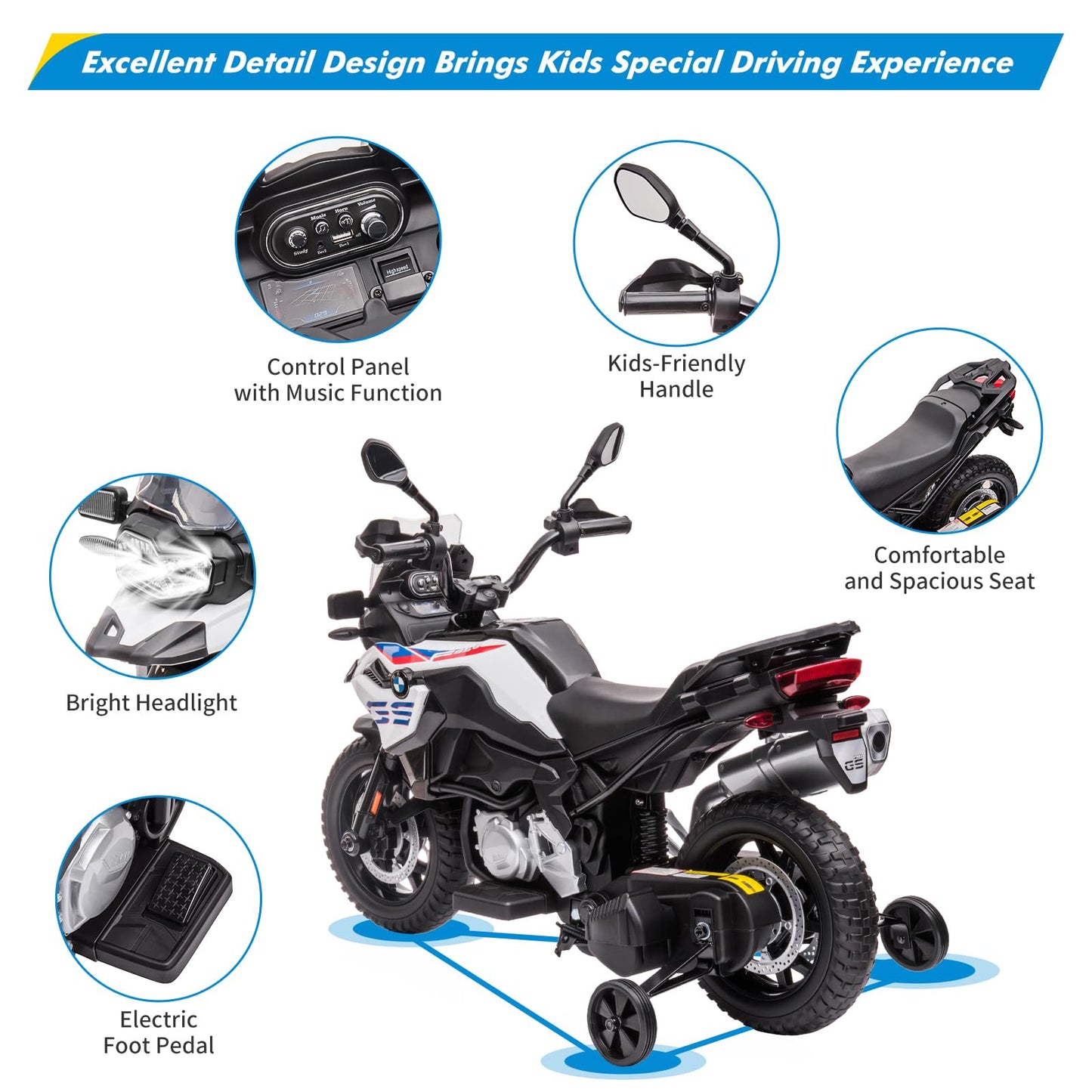 Garvee Ride - P Series: 12V 7AH Kids Motorcycle + Licensed BMW + High/Low Speed, EVA Tire + LED Headlights, Spring Suspension + Music, Storage + Boys and Girls
