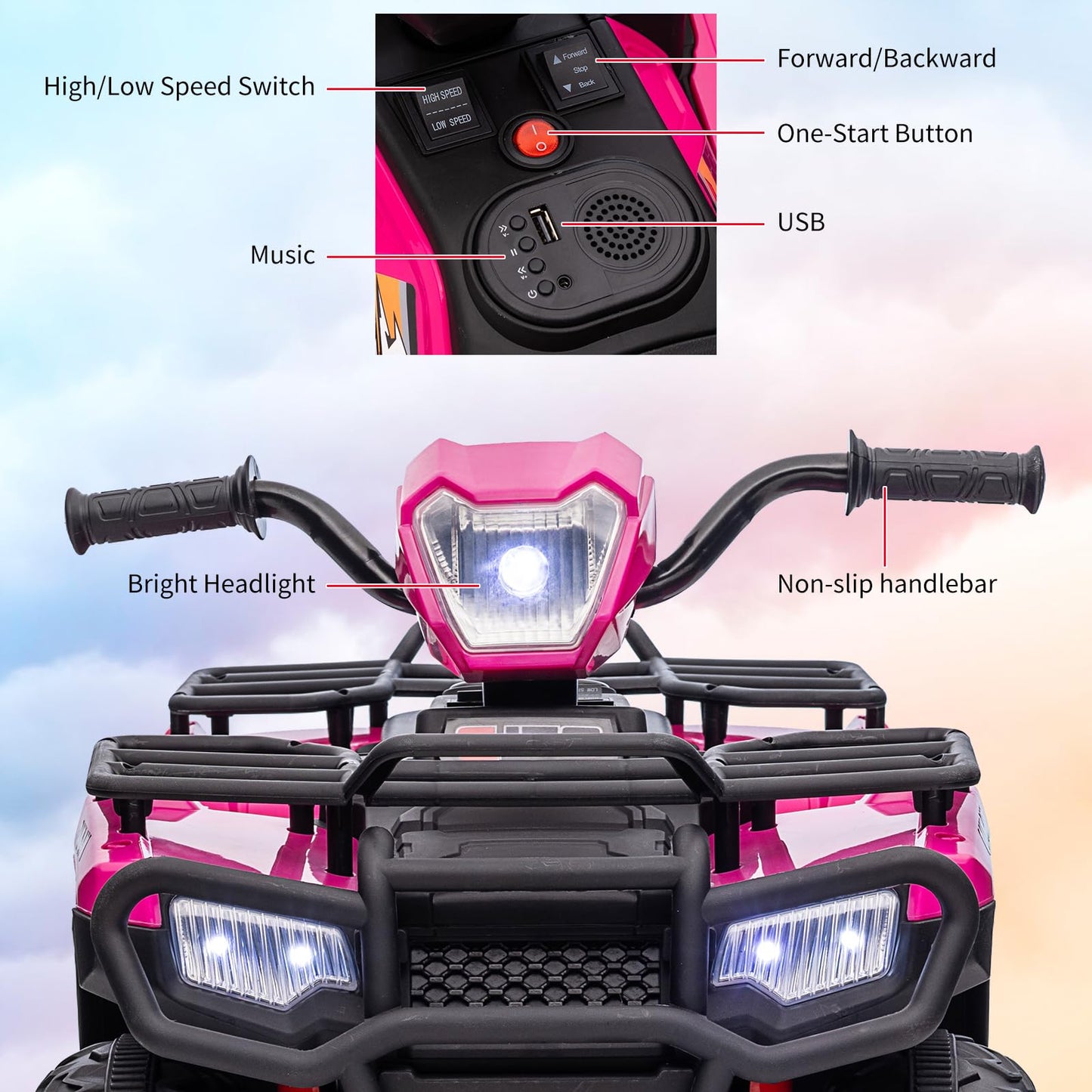 Garvee Ride - P Series: 12V Ride on ATV for Kids, Electric Vehicle for Toddlers,High/Low 2.2mph Safety Speed for Child, Forward/Backward,LED Light, Music,USB for Boys Girls Gift- Pink