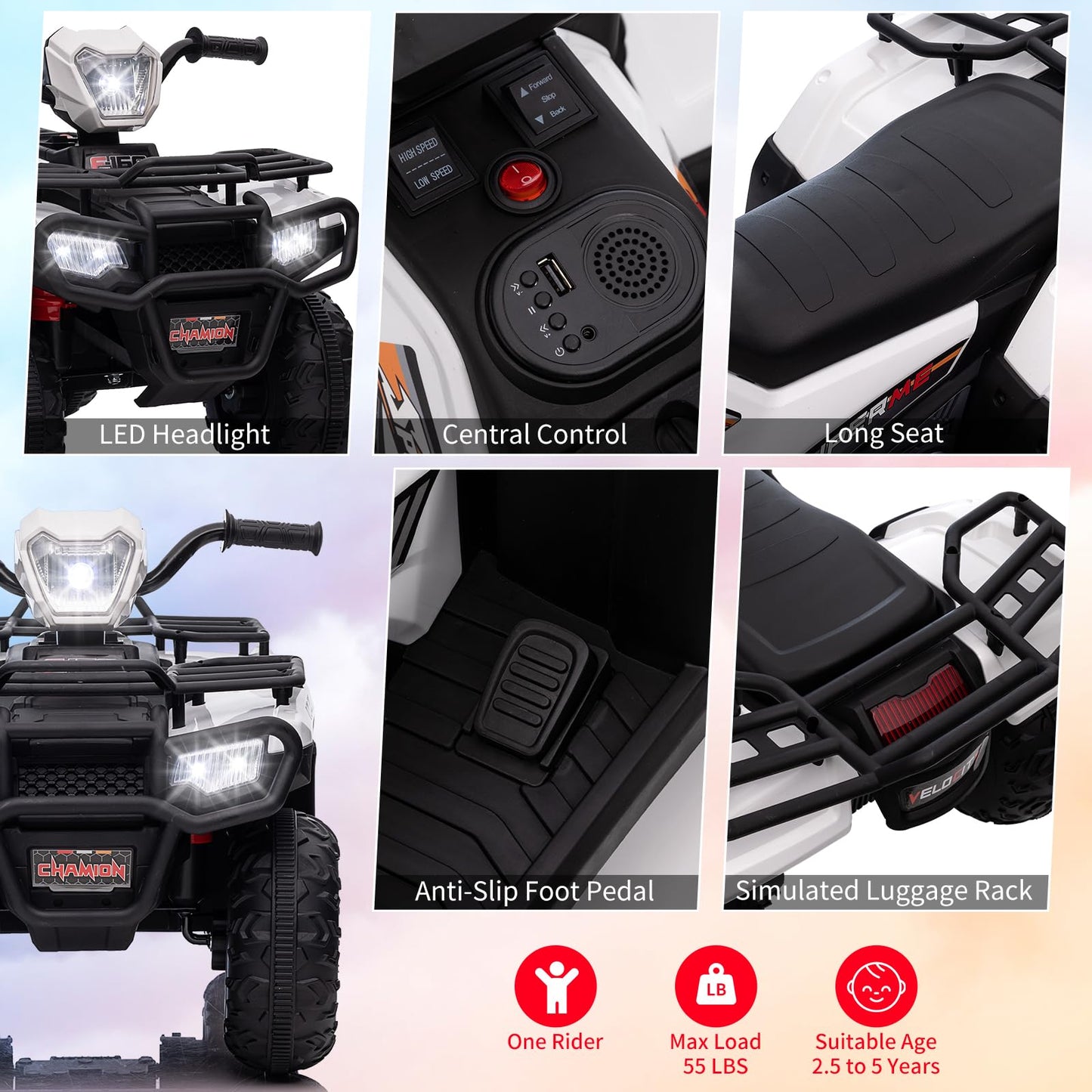 Garvee Ride - P Series: 12V Ride on Quad ATV for Kids, Electric Vehicle for Toddlers, High/Low 2.2mph Safety Speed for Child, Forward/Backward,LED Light, Music,USB for Boys Girls Gift-White