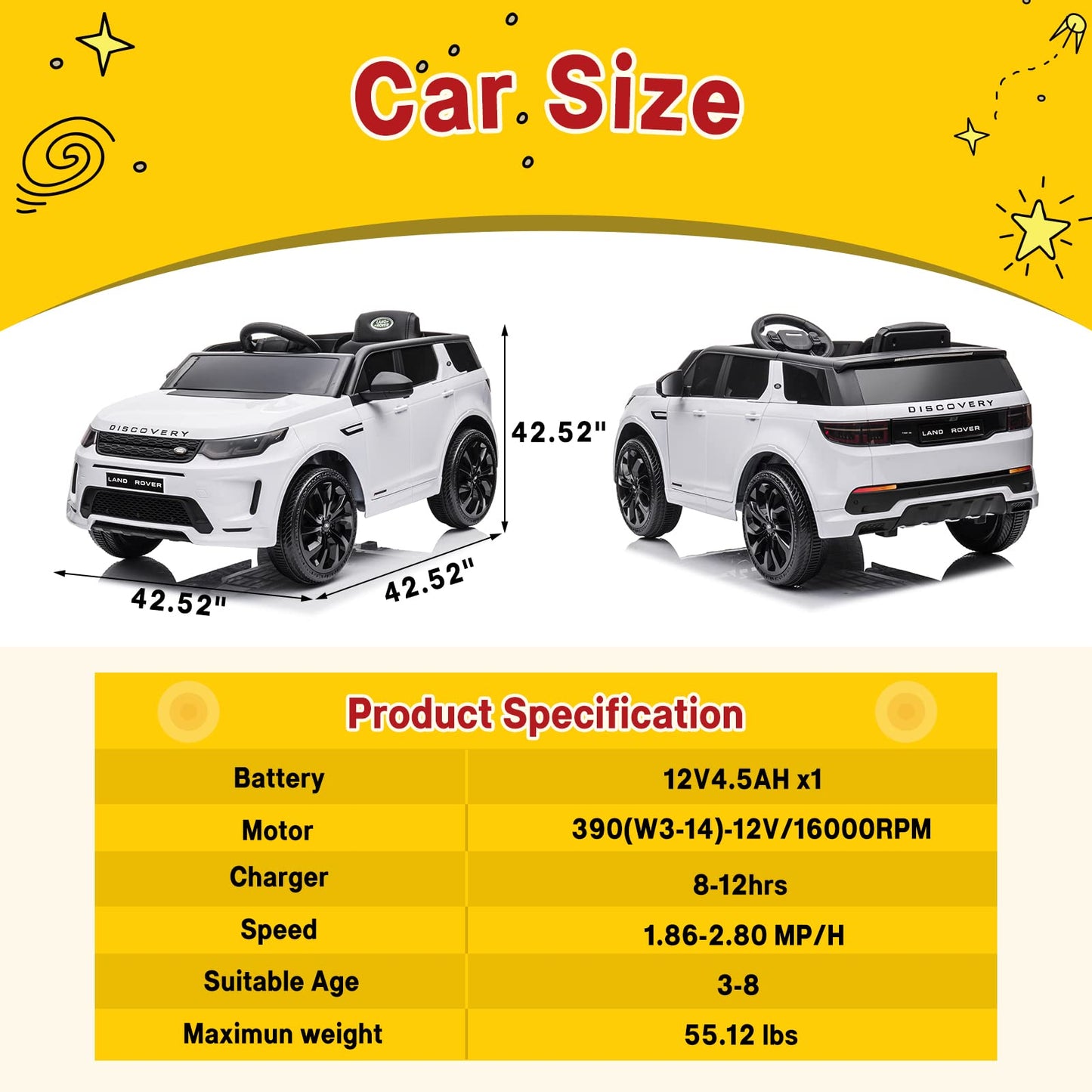 Garvee Ride - P Series: 12V Land Rover mini Kids Ride-On Car: Remote Control, LED Lights, Bluetooth, Music, Radio, Battery Powered, for Ages 3-8 - White