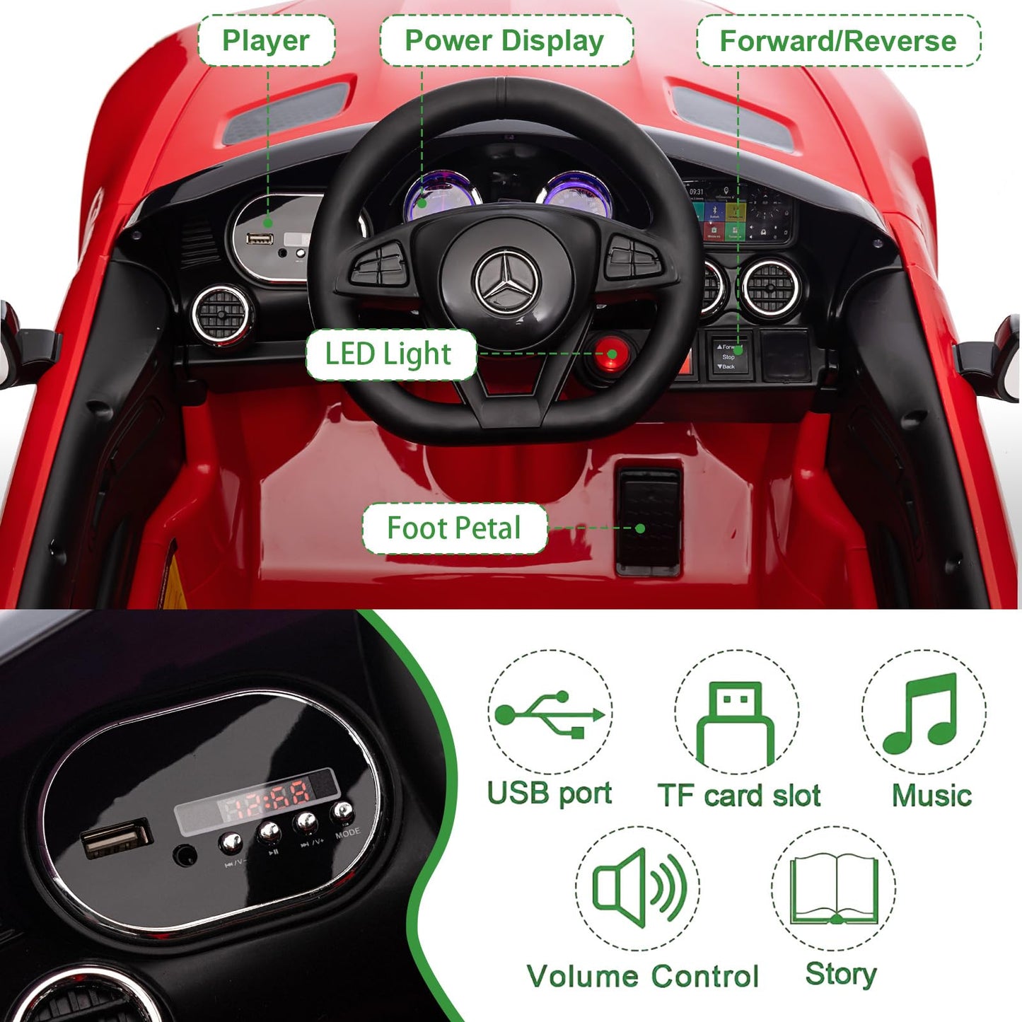 Garvee Ride Car for Kids, 12V Power Battery Electric Vehicles for 3-7 Toddlers, Licensed Mercedes-Benz with Remote Control, MP3 Player - Red