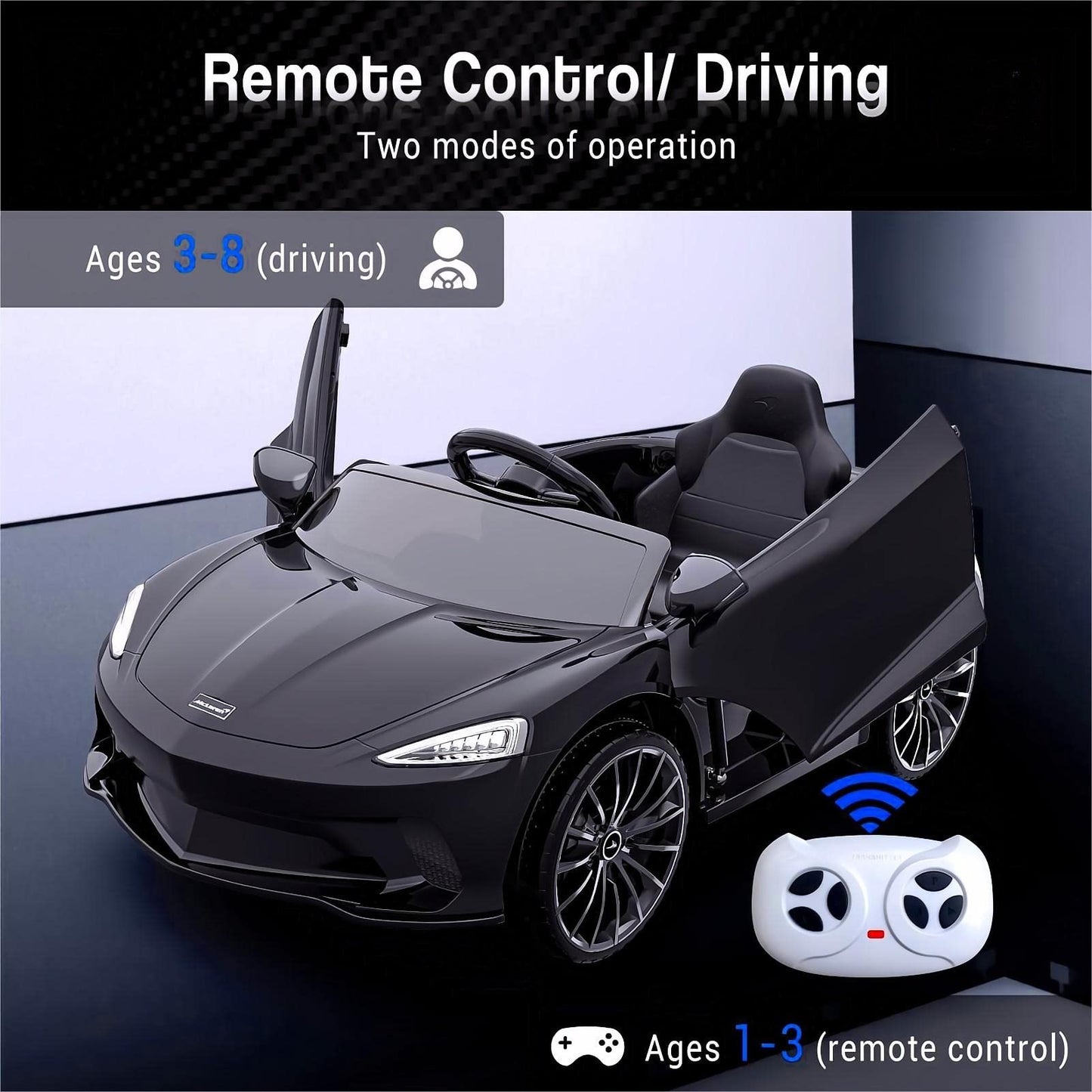 Garvee Ride - P Series: 12V Kids Ride on Car, Licensed Mclaren Battery Powered Electric Car with Remote Control, 3 Speeds, Bluetooth Music, Horn, LED Lights, 4-Wheel Ride on Toys - Black